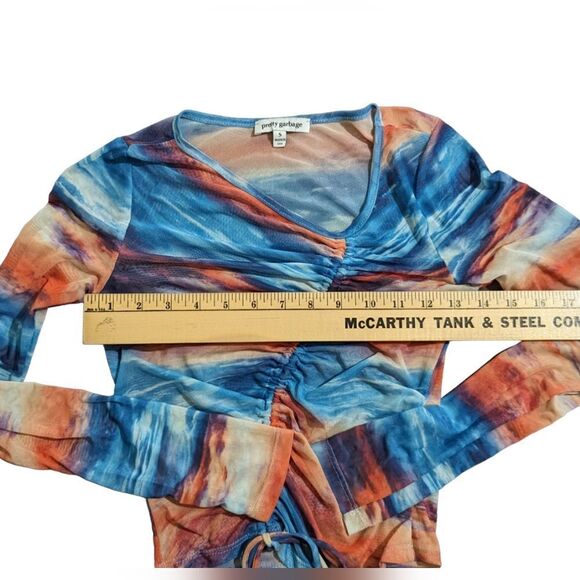 Pretty Garbage Asymmetrical Mesh Long Sleeve Drawstring Crop Top Small Y2K - Picture 3 of 8